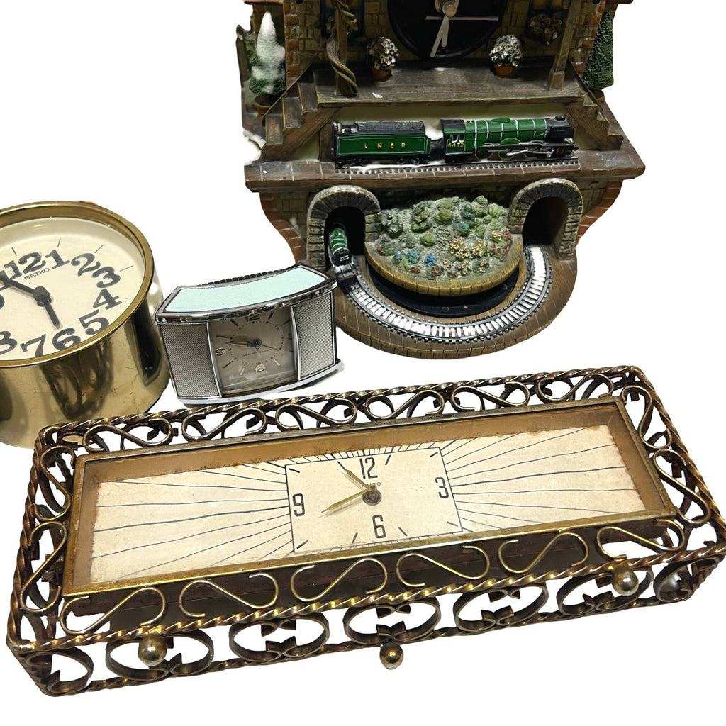 14x Vintage Clock Job Lot Seiko Rhythm Smiths Carriage Mantel Novelty Railway - back view