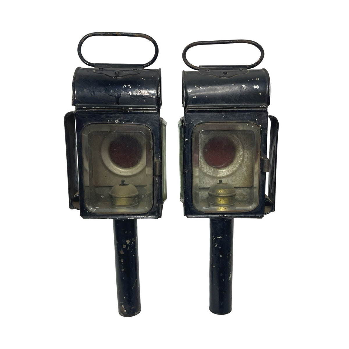 Pair Antique Carriage Coach Oil Lamps Lanterns Red Lens Bevelled Glass c1900