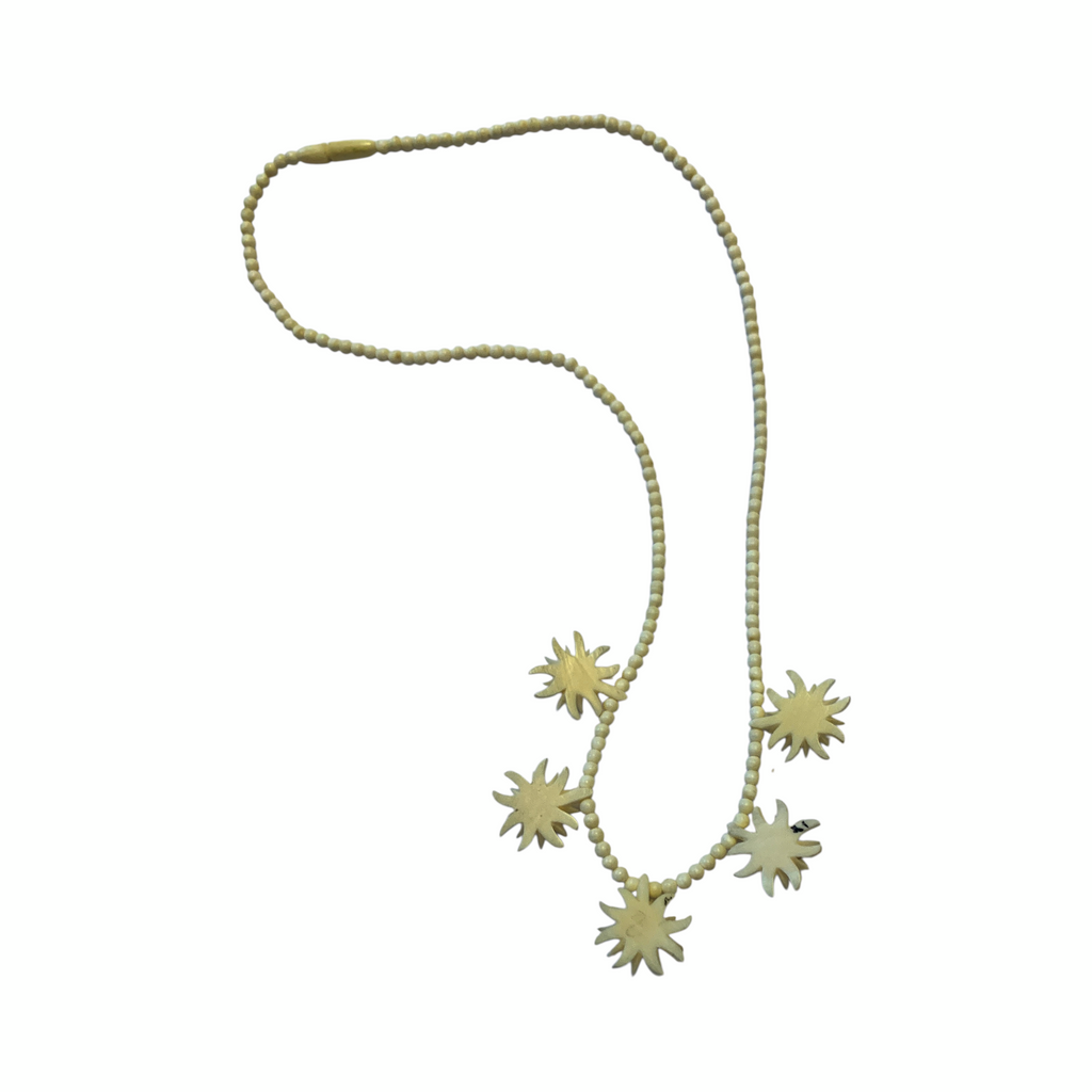 1950s Edelweiss Flower Necklace Hand Carved Bone Beads Alpine Folk Art Austria