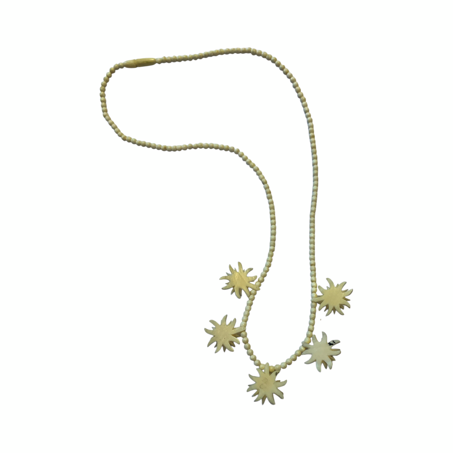 1950s Edelweiss Flower Necklace Hand Carved Bone Beads Alpine Folk Art Austria