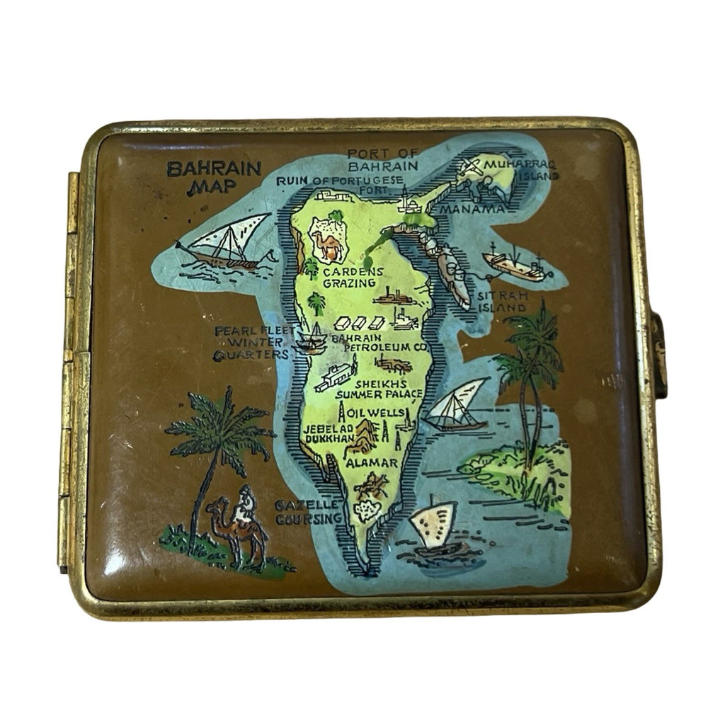Vintage Bahrain Souvenir Cigarette Case Pictorial Map Camel Palm Trees