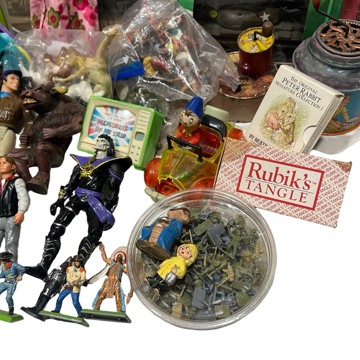 Large Vintage Toy Job Lot Airfix Merit Rubiks Dolls Figures Games Collectables - side view