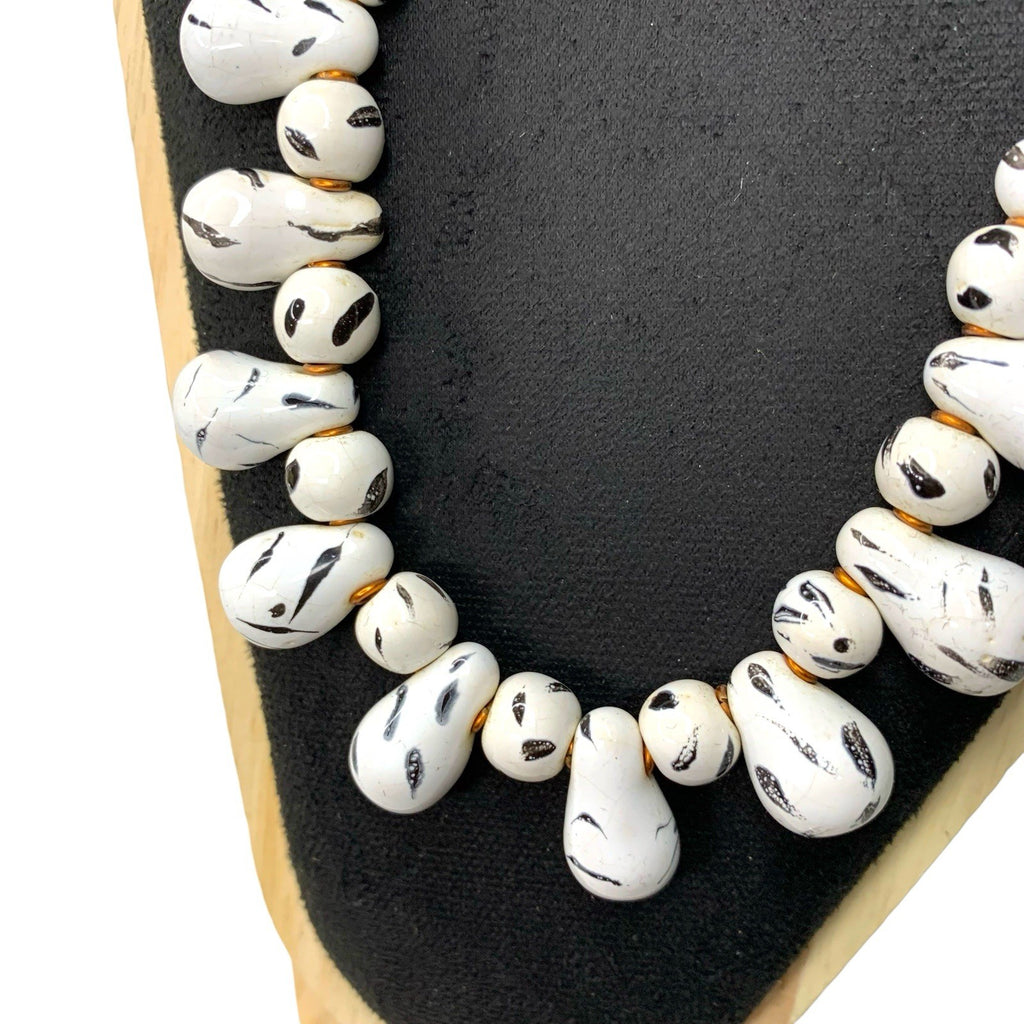 Vintage Black White Painted Bead Necklace Earrings Set Retro Costume Jewellery