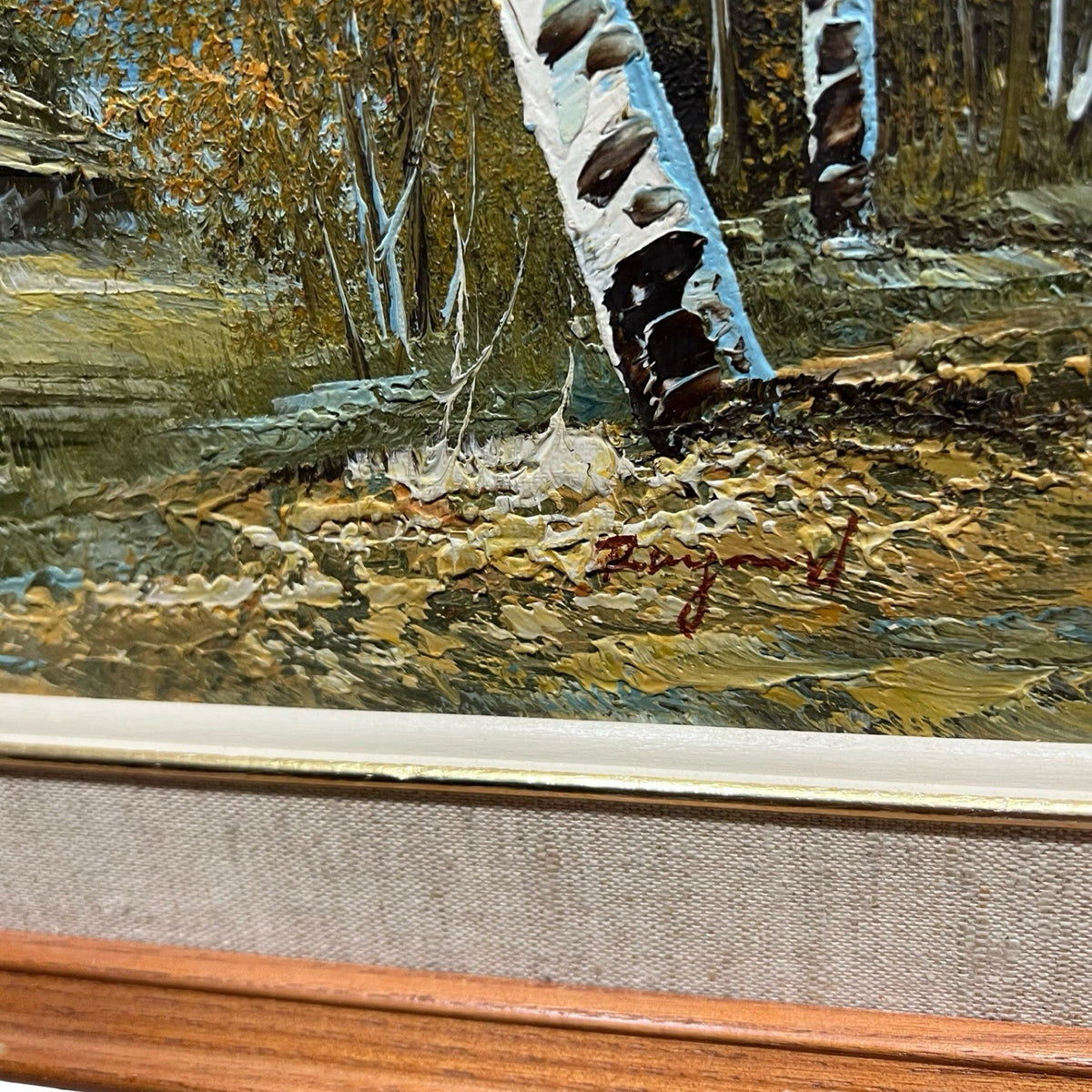 Vintage Oil Painting on Canvas Snow Mountain Trees Cabin Signed Raymond
