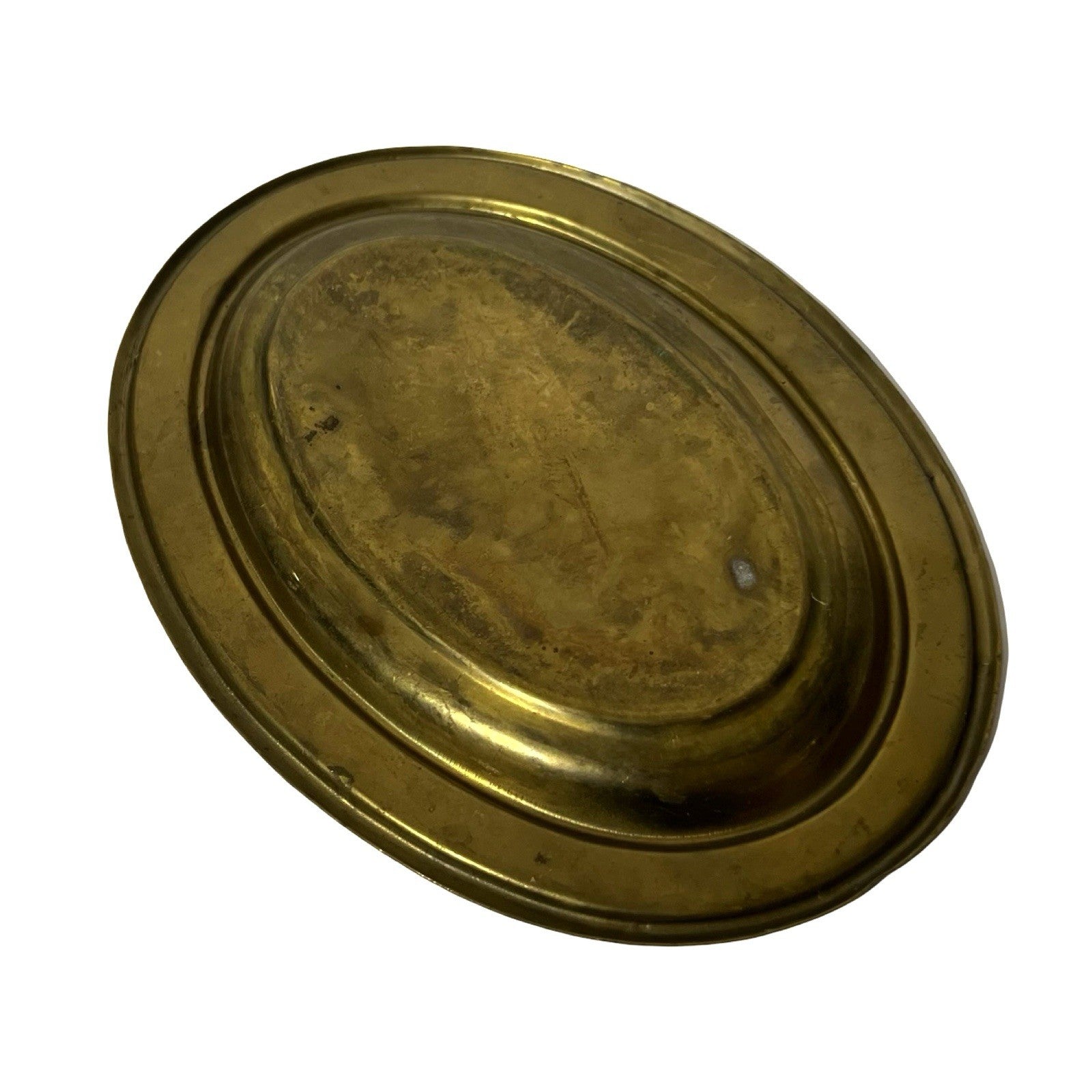Vintage Brass Trinket Dish Mother Of Pearl Inlaid Border Oval Jewellery Tray