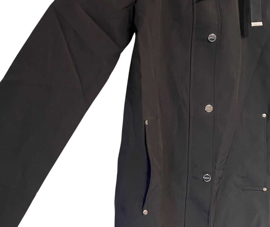DKNY Women's Black Parka Jacket Coat Hooded Winter Warm Large Zip Slits BNWT