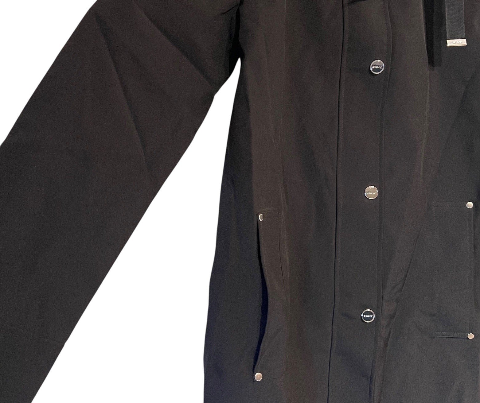 DKNY Women's Black Parka Jacket Coat Hooded Winter Warm Large Zip Slits BNWT