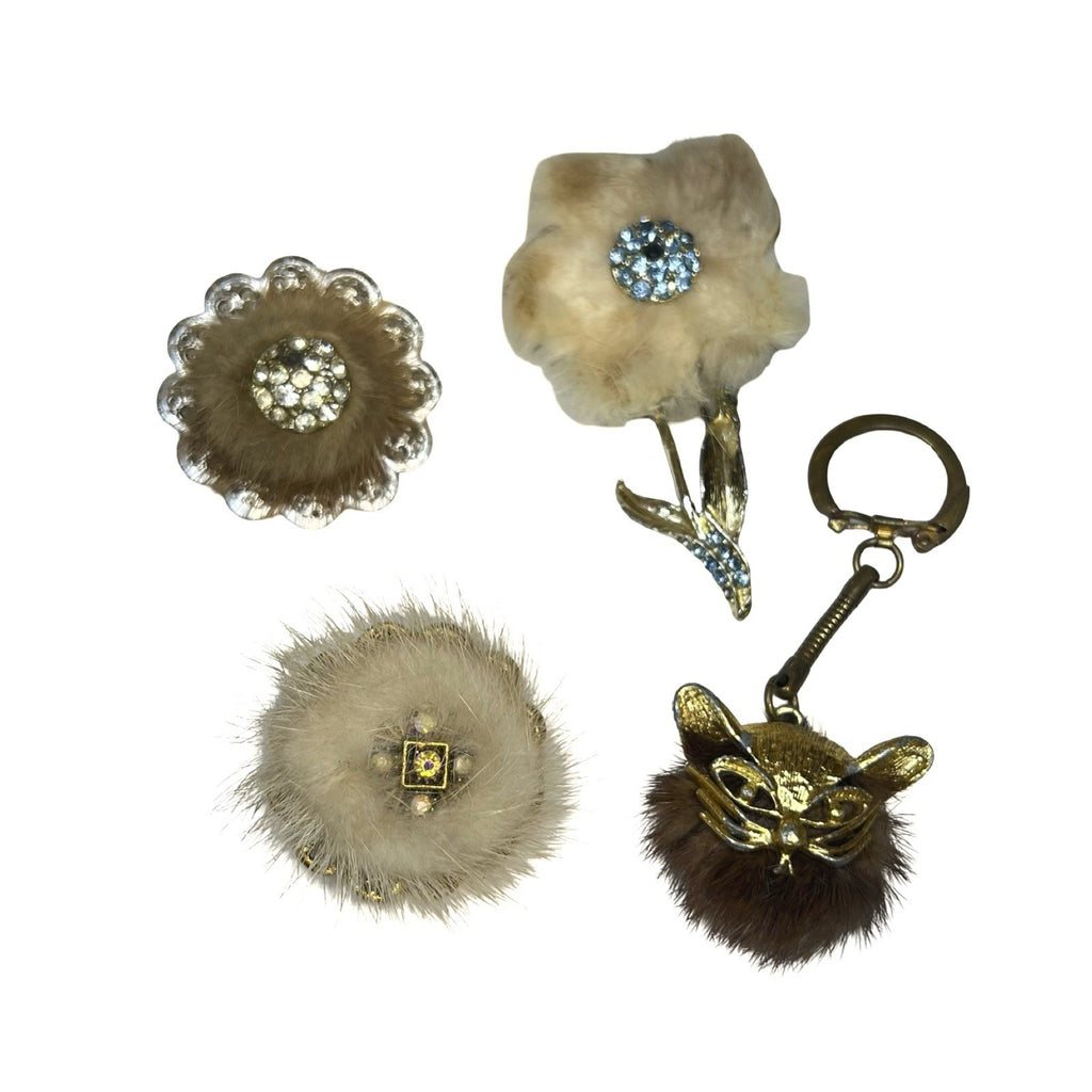 Vintage Mink Fur Brooches Lot Golden Cat Keyring Floral Pin Set Gift Retro