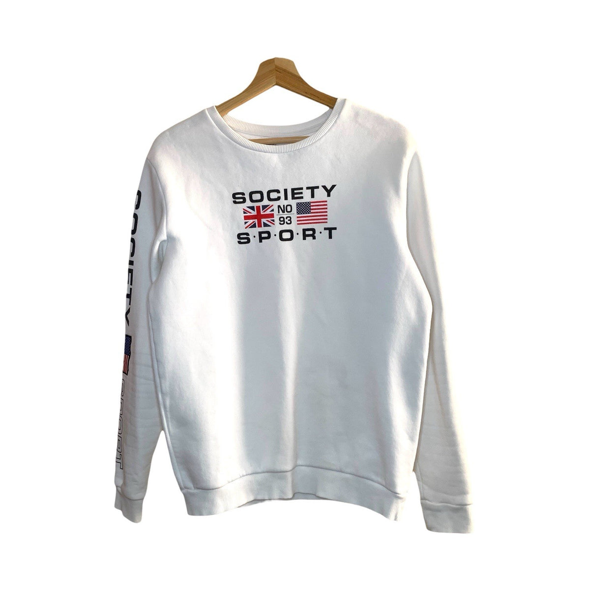 Society Sport USA Jumper White Flags Print Long Sleeve Pullover Size L Vintage