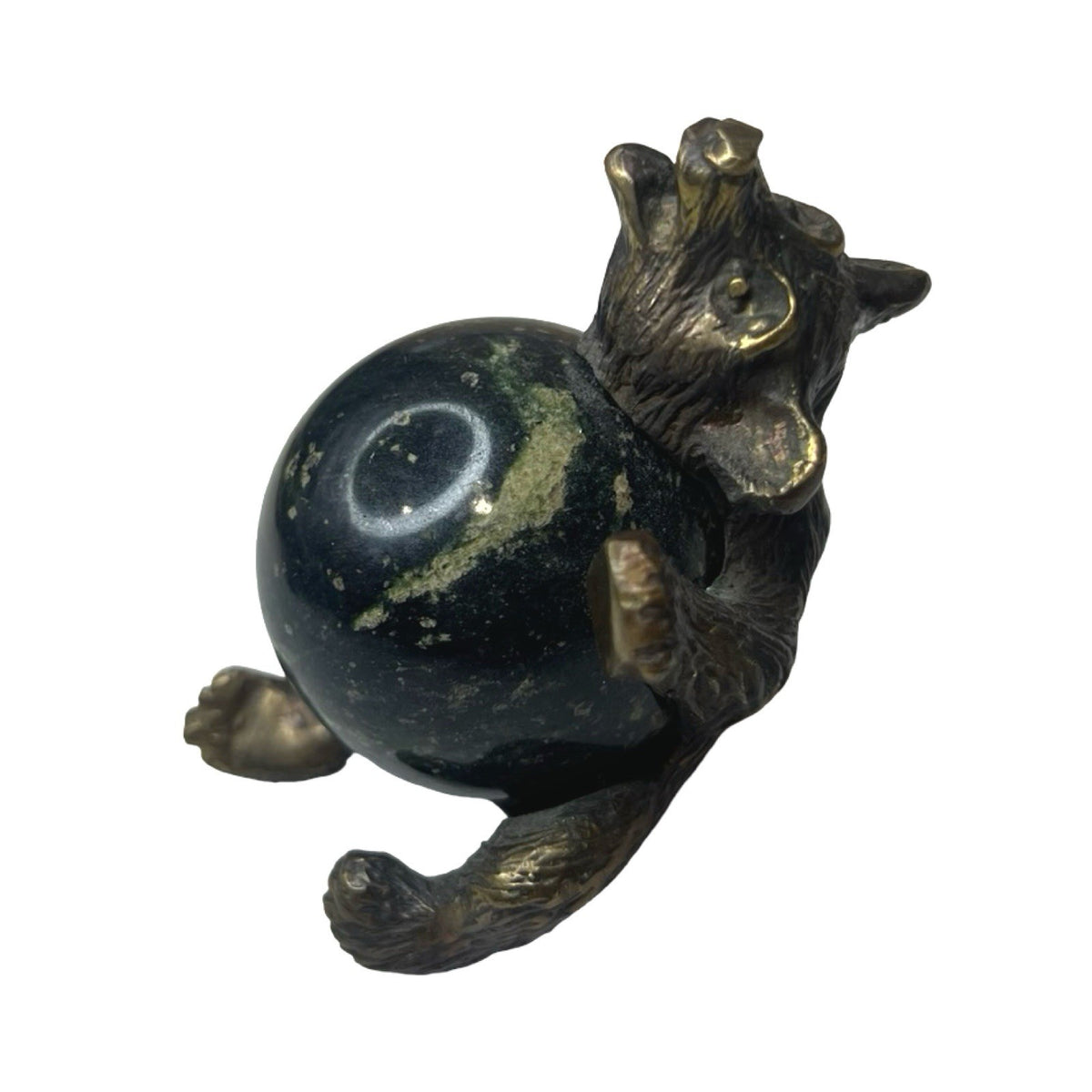 Pair Brass Bear Figurines Vintage Green Stone Body Carved Animal Statues Decor