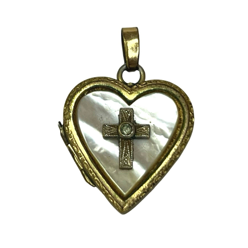 Vintage 1/20 12K Gold Filled Heart Locket Mother of Pearl Cross Pendant Charm