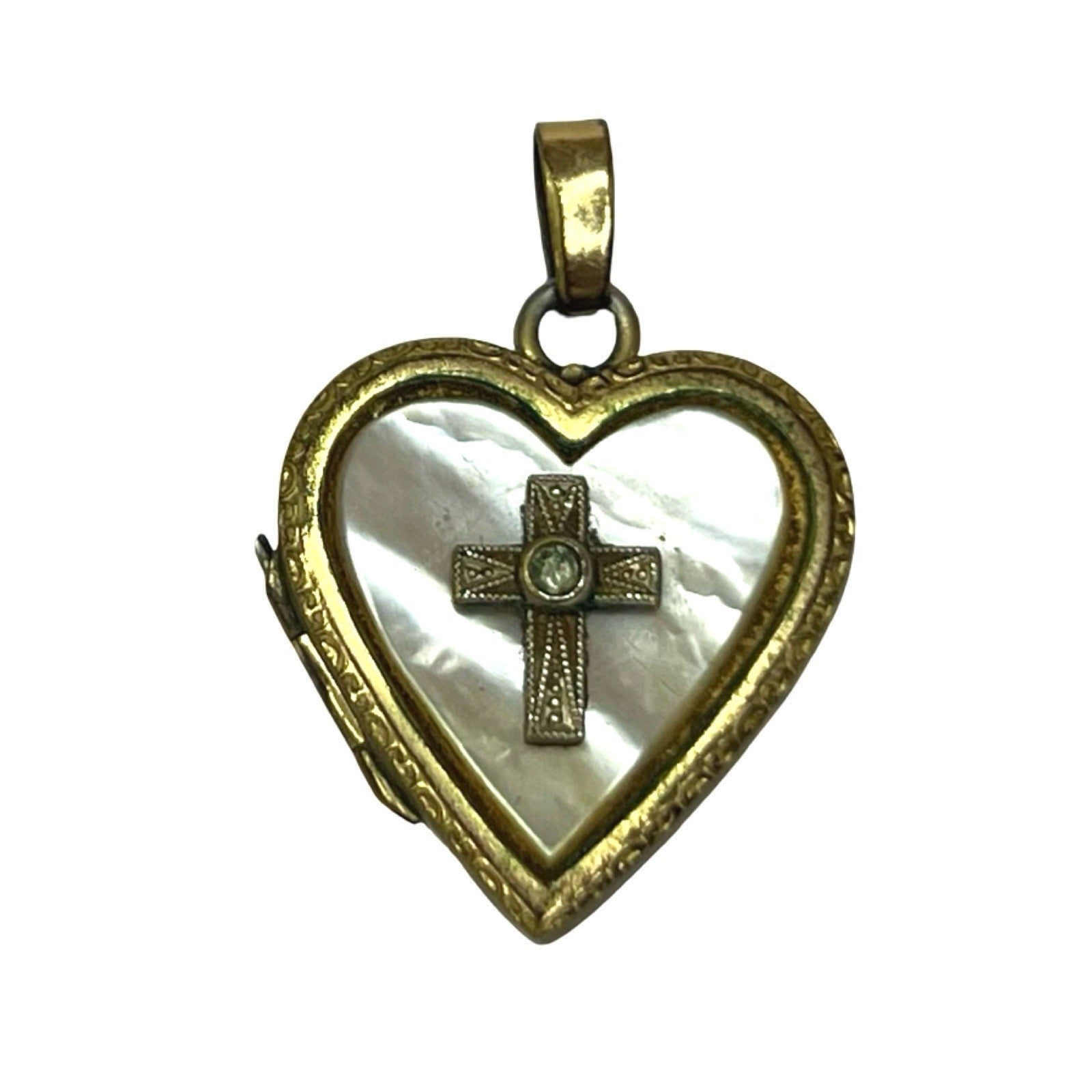 Vintage 1/20 12K Gold Filled Heart Locket Mother of Pearl Cross Pendant Charm