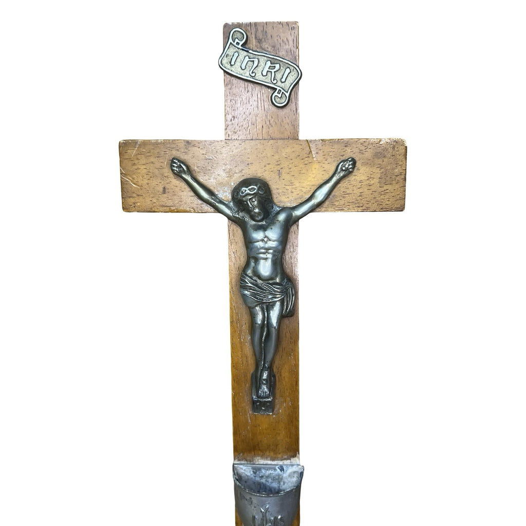 Vintage Catholic Wall Crucifix Wooden Cross Metal Jesus Holy Water Font IHS