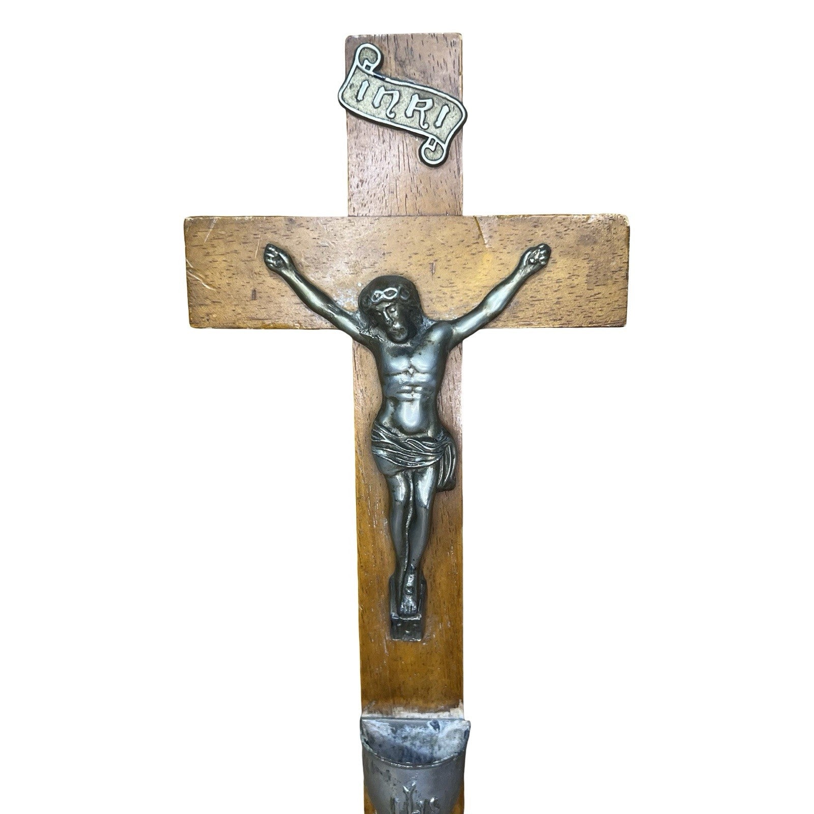 Vintage Catholic Wall Crucifix Wooden Cross Metal Jesus Holy Water Font IHS