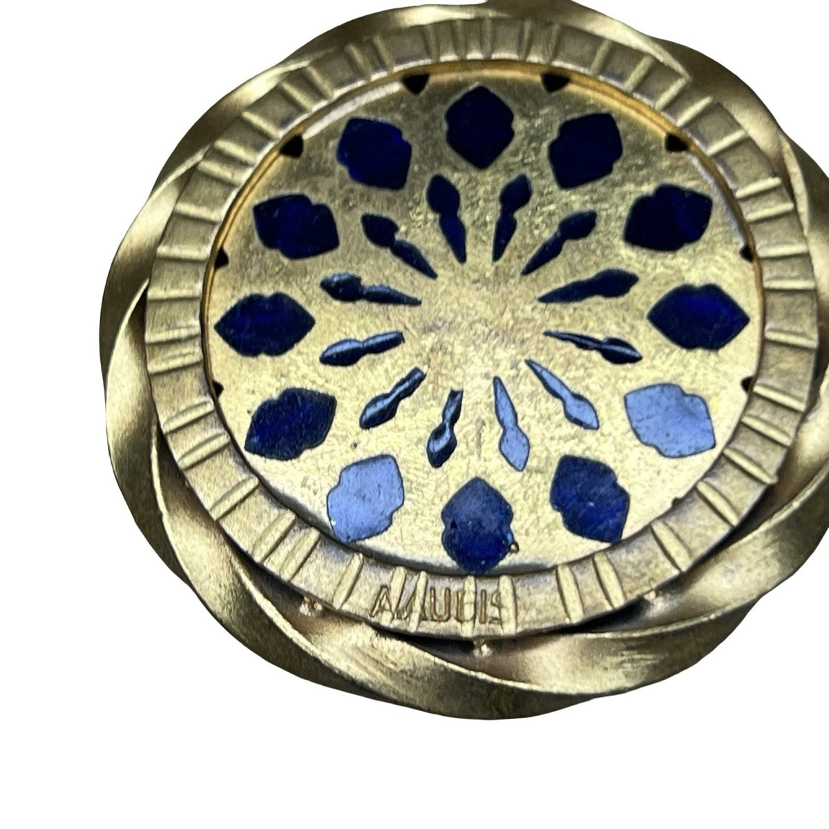 Vintage A Augis Virgin Mary Blue Enamel Gold Tone Catholic Pendant Medal