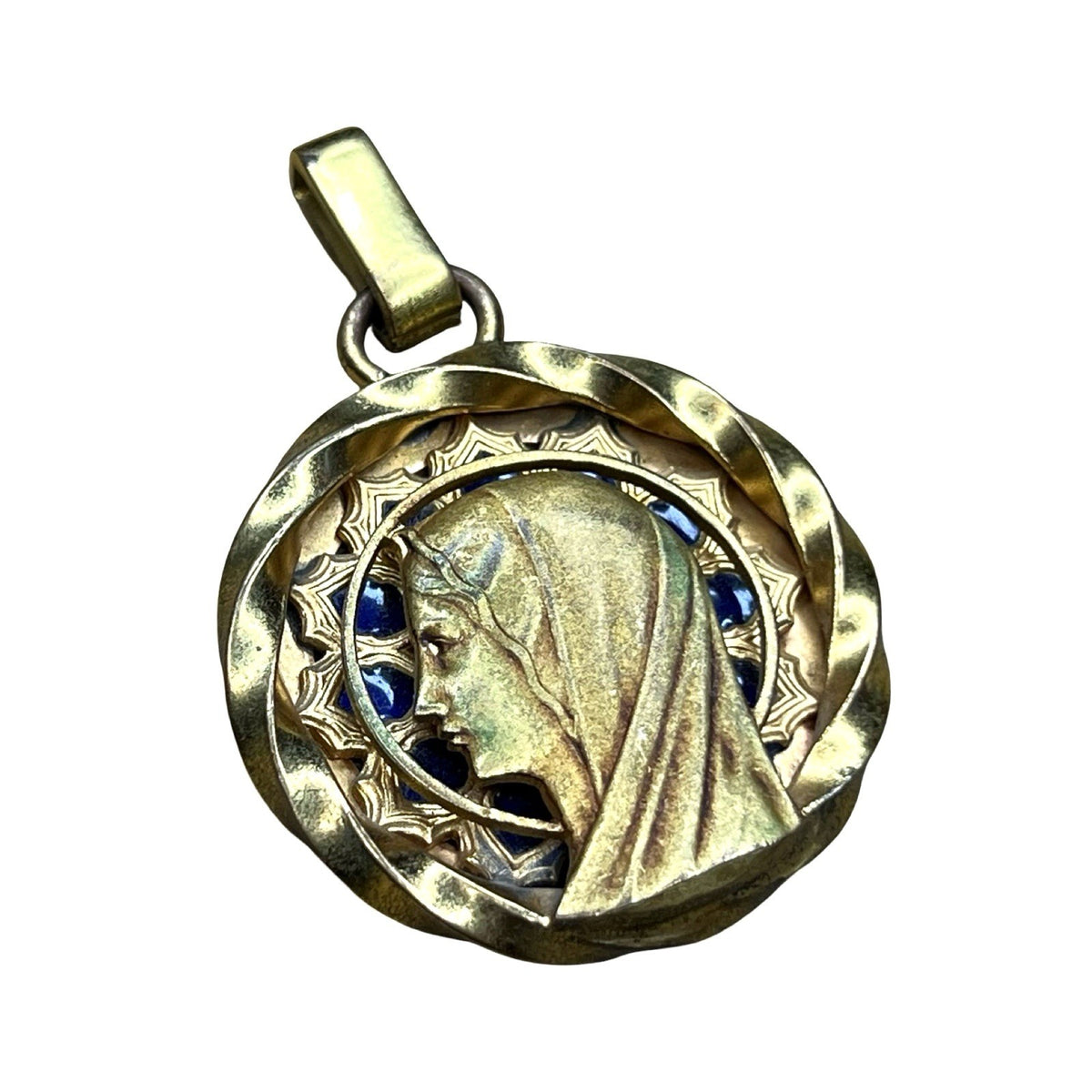 Vintage A Augis Virgin Mary Blue Enamel Gold Tone Catholic Pendant Medal