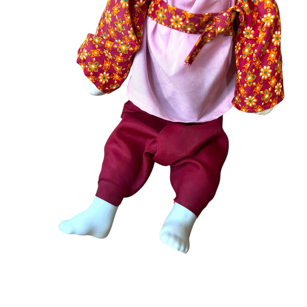 Asian Chinese Pink Red & White Porcelain & Rag Doll with Single Top Bun