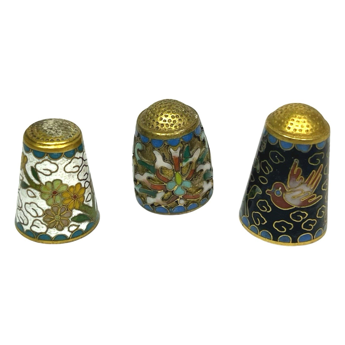 3 Vintage Chinese Cloisonne Enamel Thimbles Floral Bird Sewing Collectables
