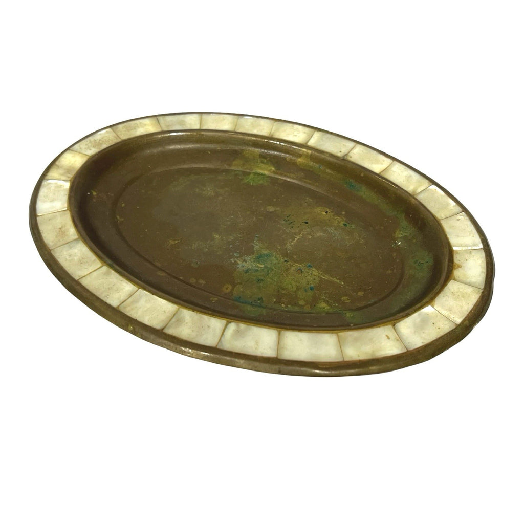 Vintage Brass Trinket Dish Mother Of Pearl Inlaid Border Oval Jewellery Tray