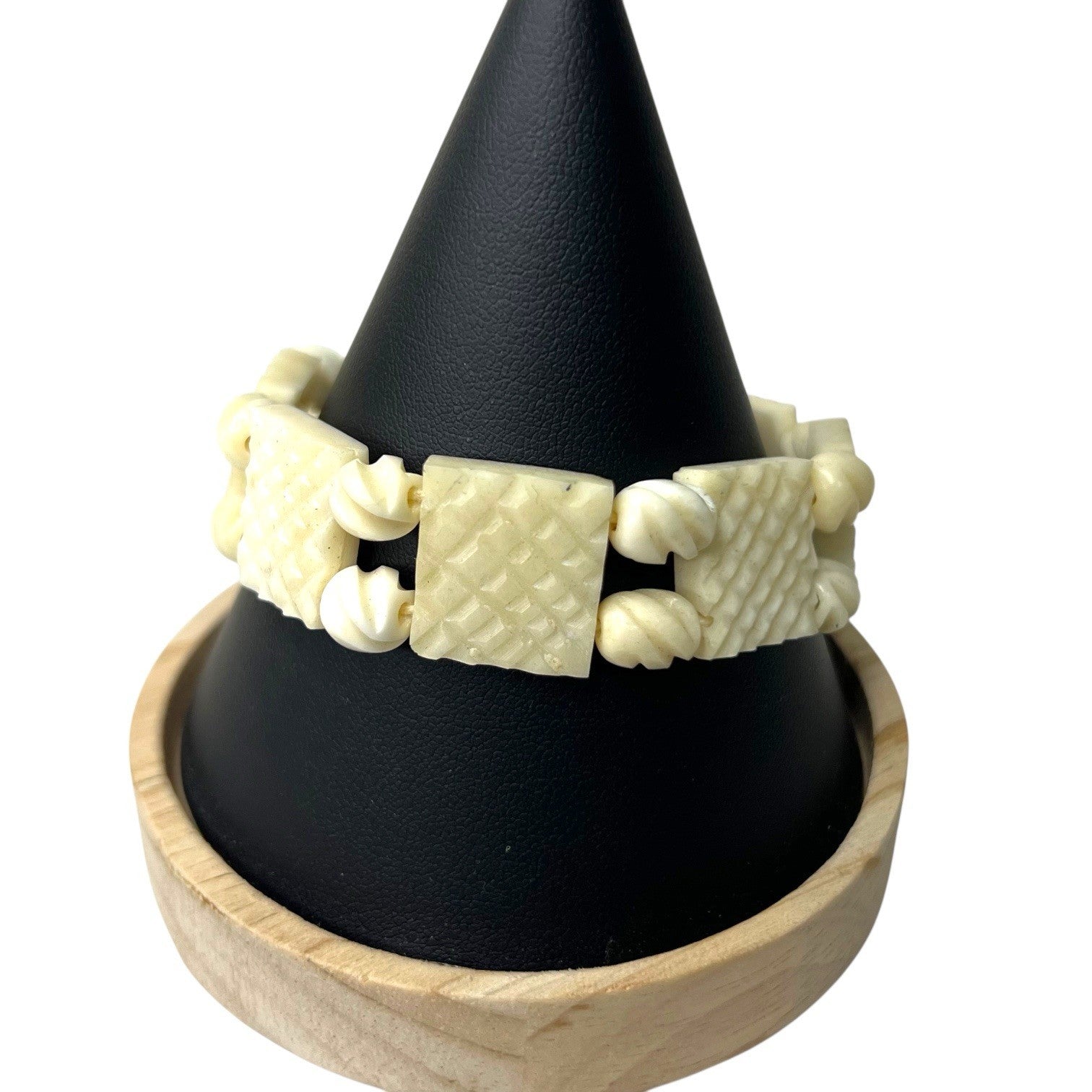 Vintage Hand Carved Bovine Bone Bracelet Tiled Beads Screw Clasp Ethnic Boho