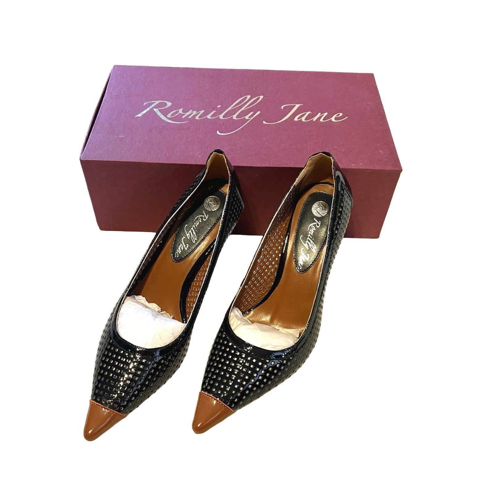 Romilly Jane Black Patent Perforated Court Shoes Tan Pointed Toe Heels Boxed