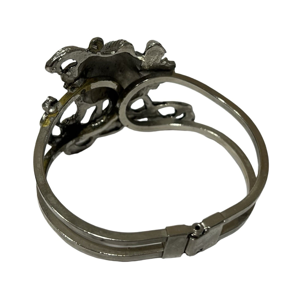 Large Art Nouveau Lady Face Hinged Cuff Bracelet Silver Tone Maiden Statement