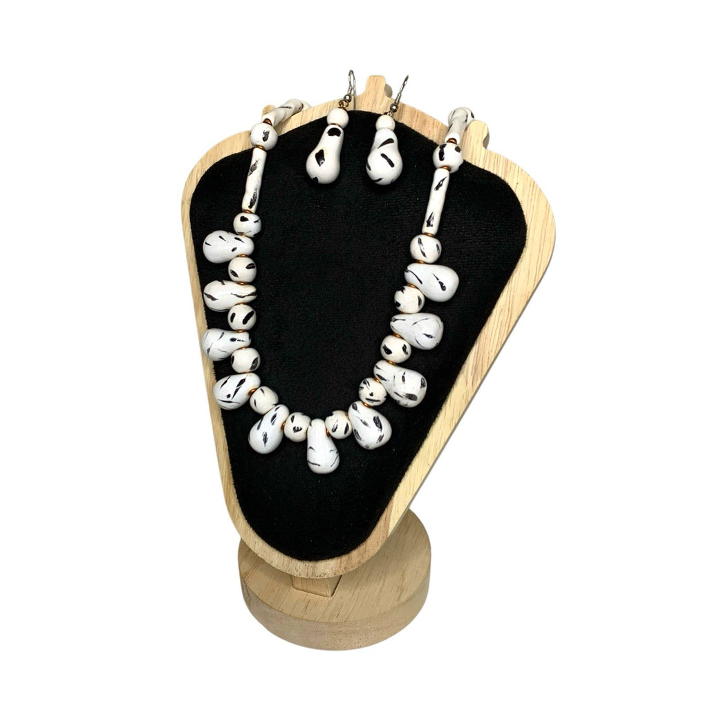 Vintage Black White Painted Bead Necklace Earrings Set Retro Costume Jewellery