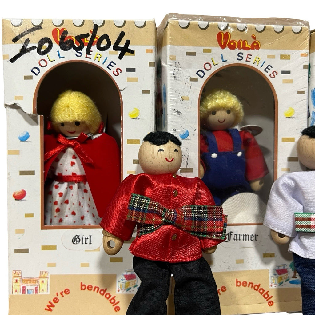 Vintage Voila Wooden Bendable Dolls House Figures x7 4 Boxed Doll Series - front view