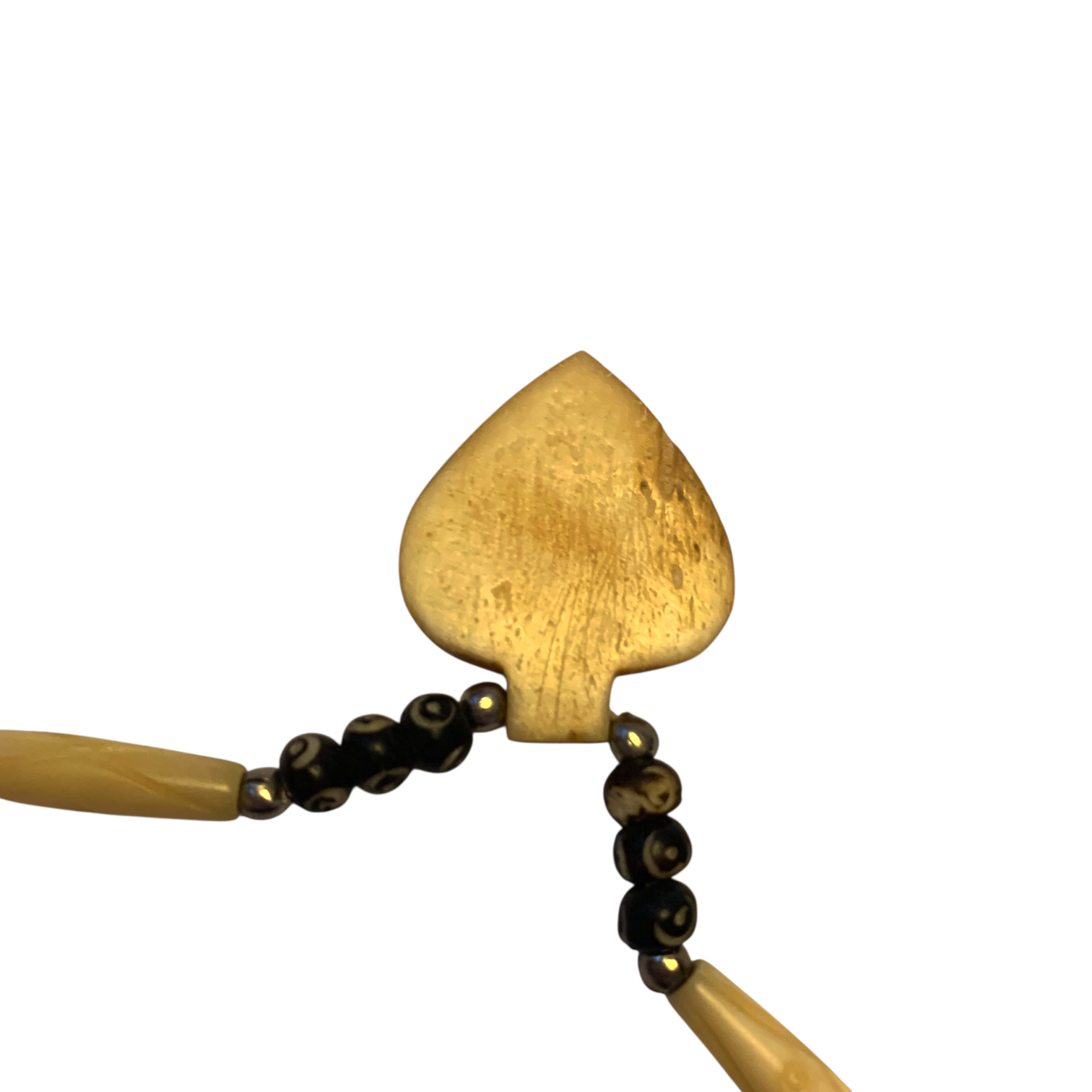 1950s Bone Necklace Tribal Spade Pendant Carved Seed Beads Mid Century Vintage