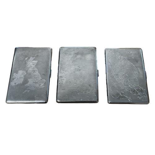 3 Vintage Map Cigarette Cases Emu Har-Bro Britain Ireland Malaya Singapore