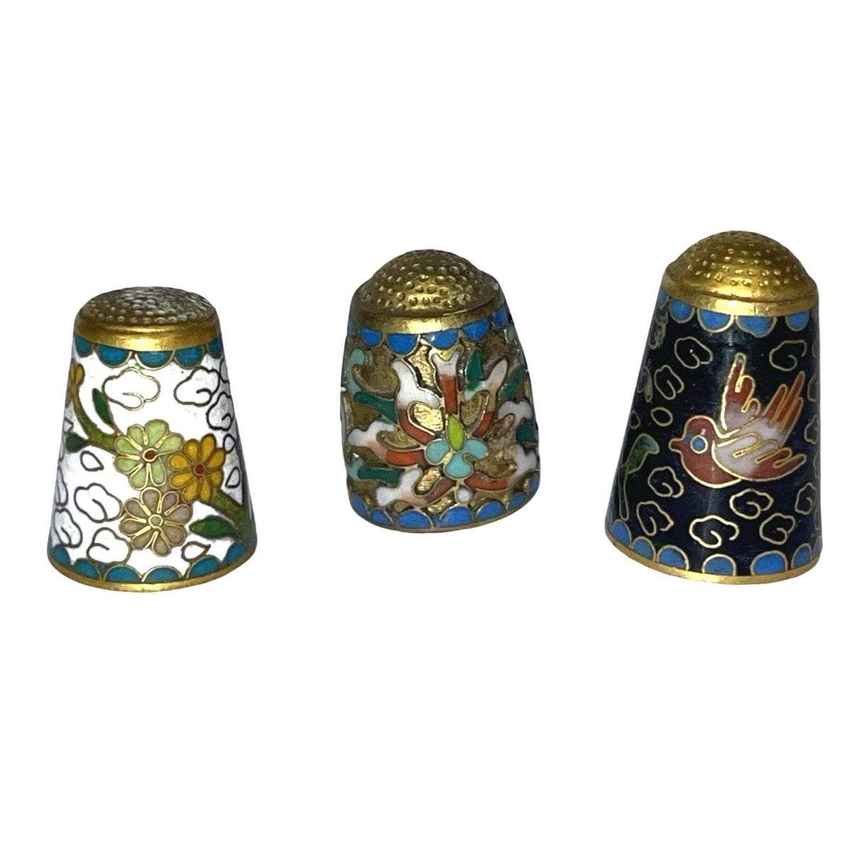 3 Vintage Chinese Cloisonne Enamel Thimbles Floral Bird Sewing Collectables - front view