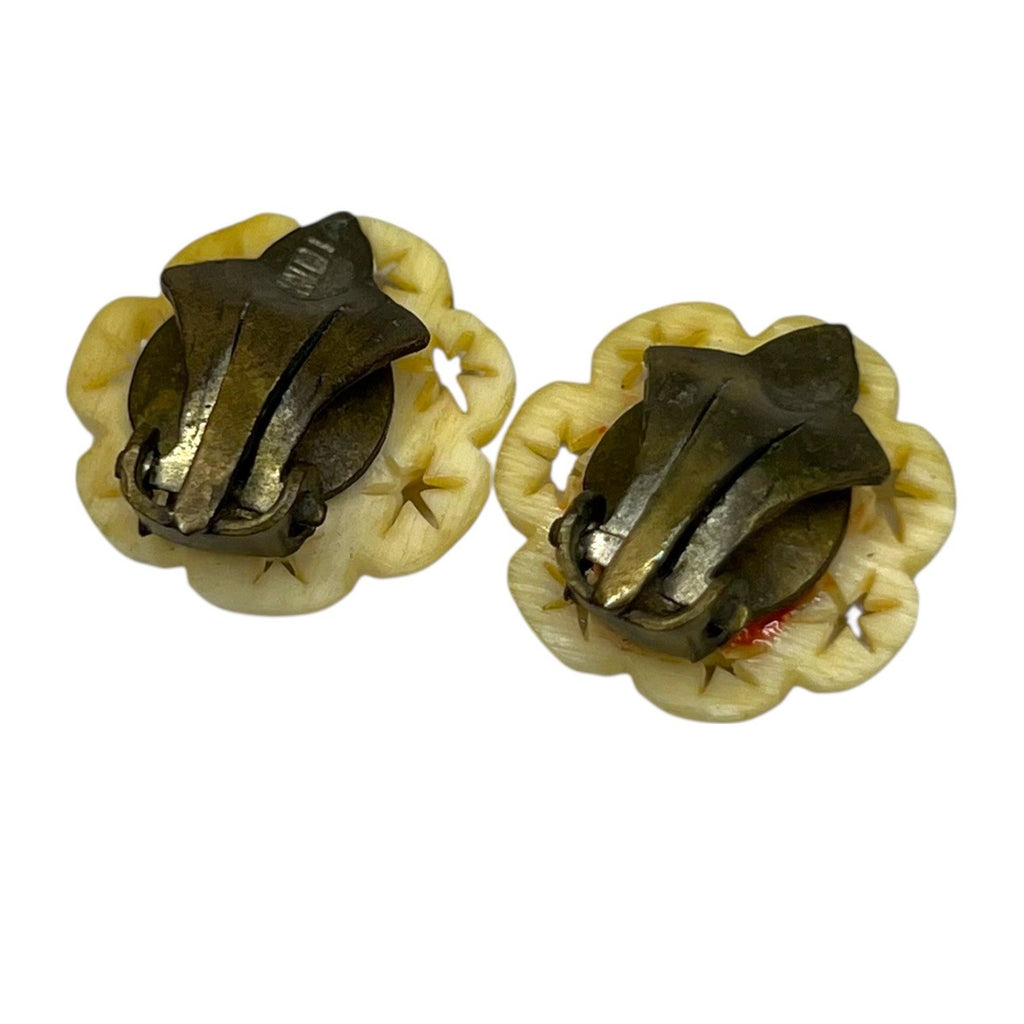 Clip On Earrings Vintage Carved Bovine Bone Rose Stars Cream Floral Jewellery