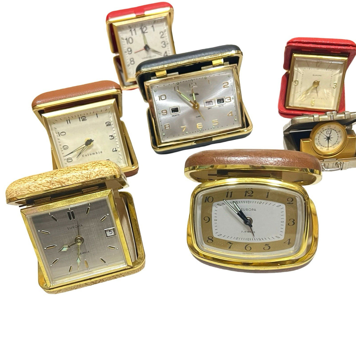 23x Vintage Travel Alarm Clock Job Lot Europa Westclox Zorba Mechanical Quartz - front view