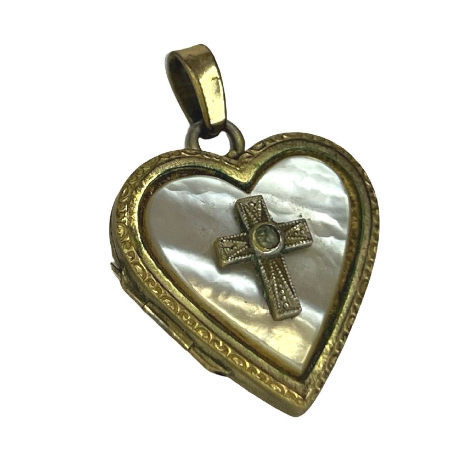 Vintage 1/20 12K Gold Filled Heart Locket Mother of Pearl Cross Pendant Charm
