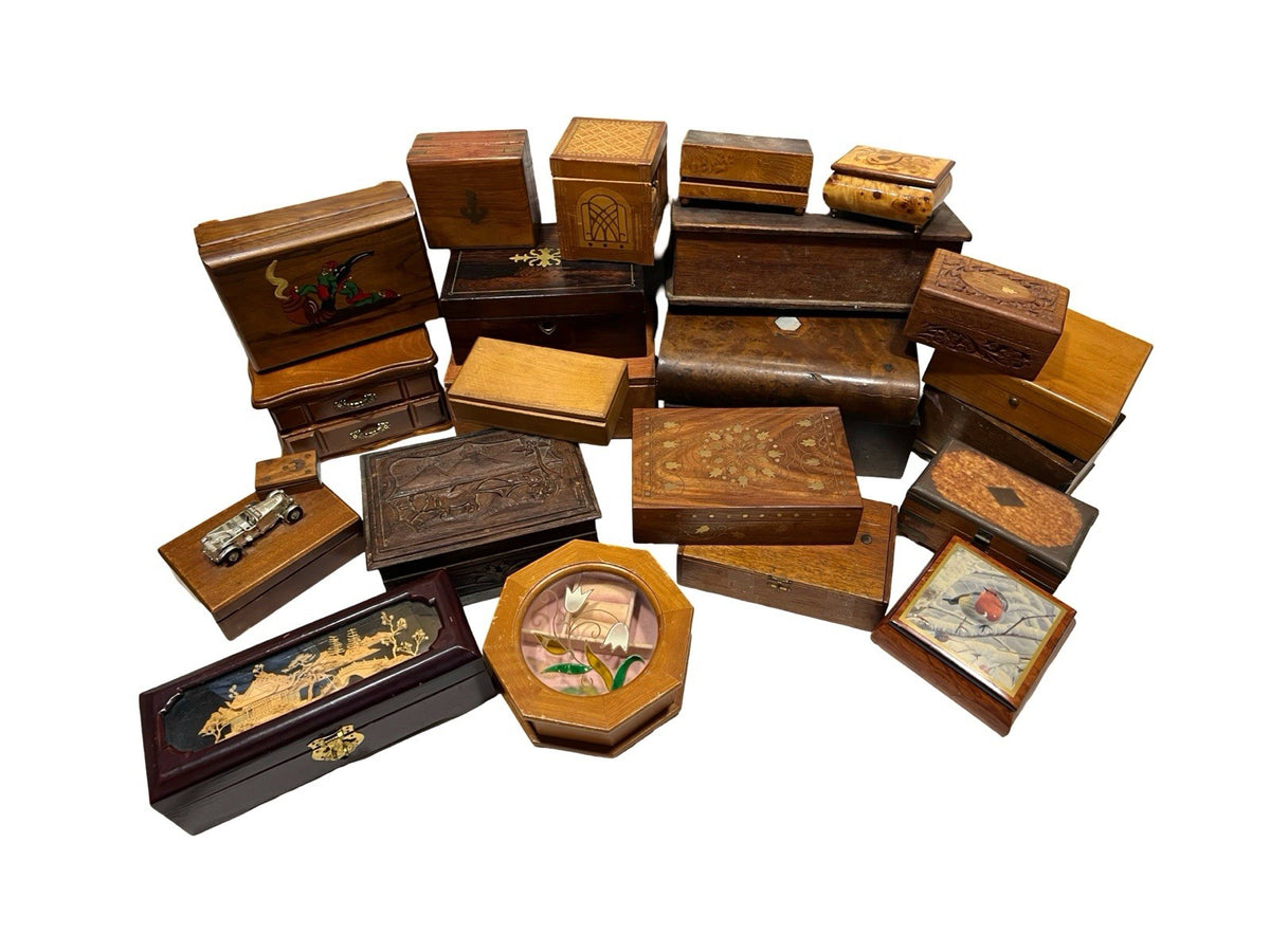20+ Vintage Wooden Trinket Jewellery Boxes Job Lot Carved Inlaid Mechanical