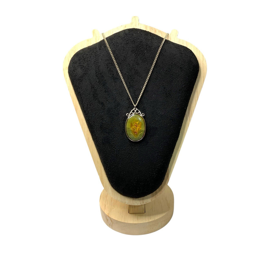 Real Silver Pendant Vintage Collectable Pressed Flowers Oval Necklace – Tone