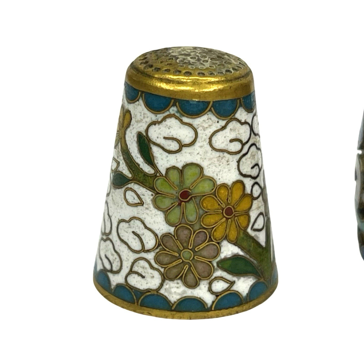 3 Vintage Chinese Cloisonne Enamel Thimbles Floral Bird Sewing Collectables - detail view