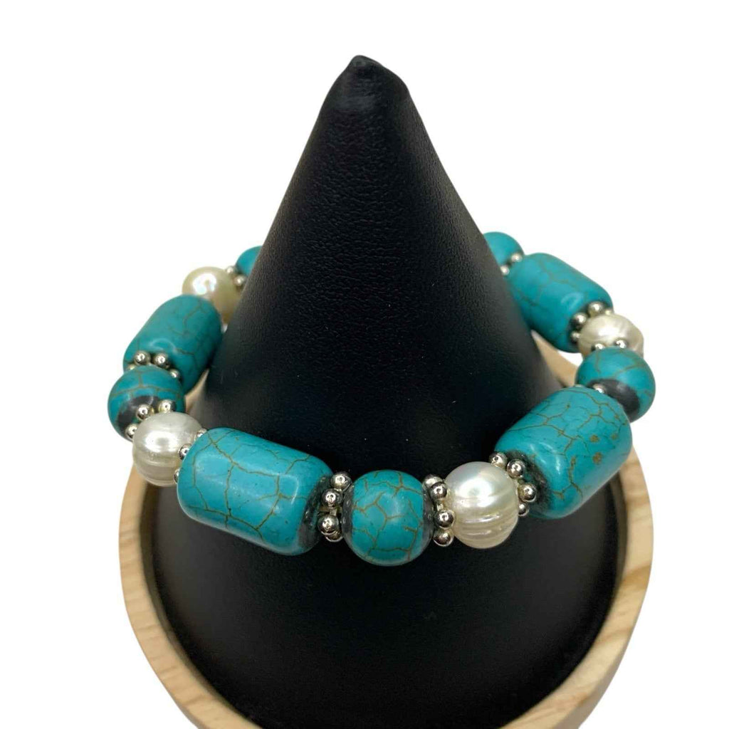 Vintage Stretch Bracelet Turquoise Beads Faux Pearls Retro Costume Jewellery