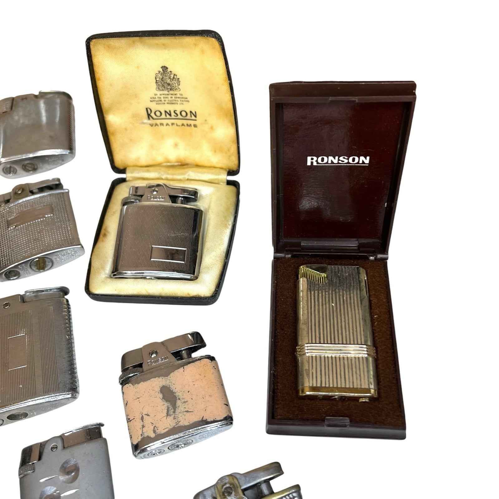 Bundle 37x Vintage Ronson Petrol Lighters Silver Tone - Varaflame Comet Some Box