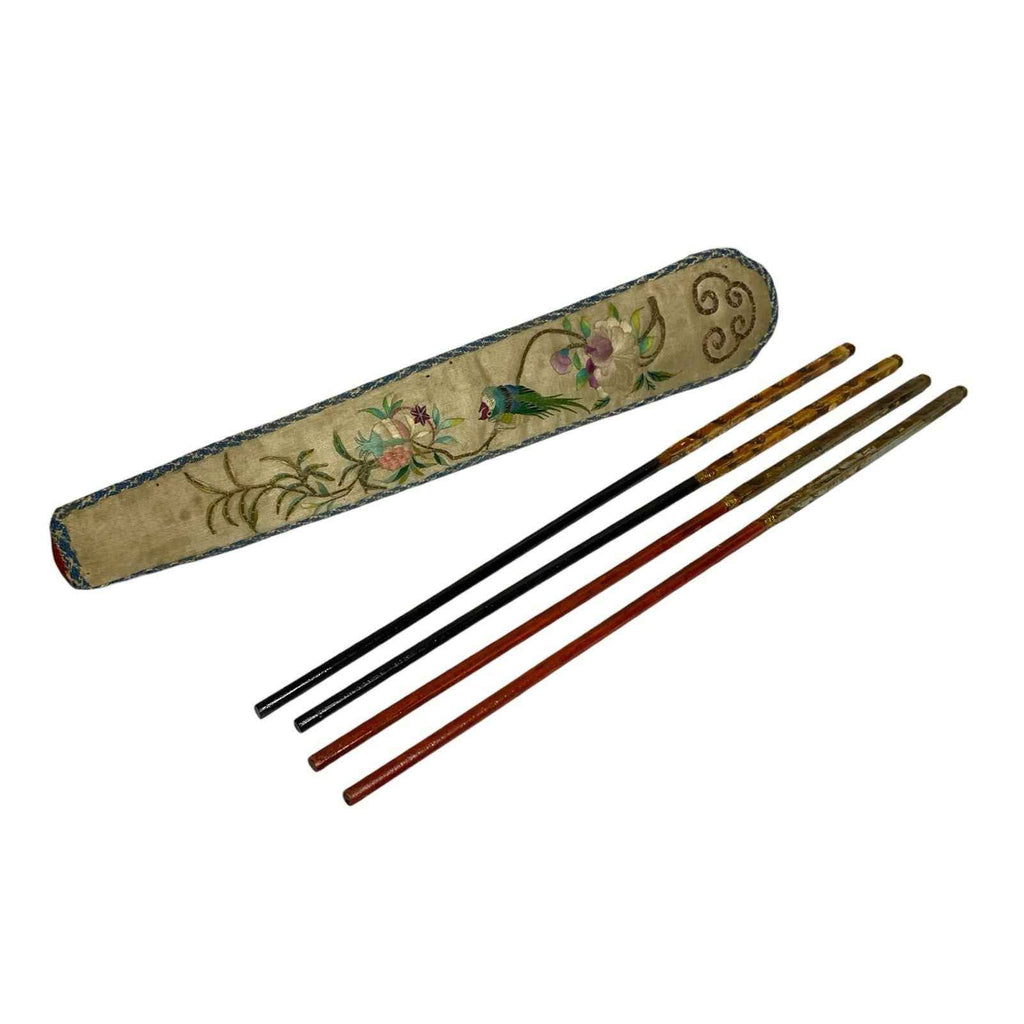 Vintage Chopsticks in Original Satin Case Holder 2 Pairs Asian Style