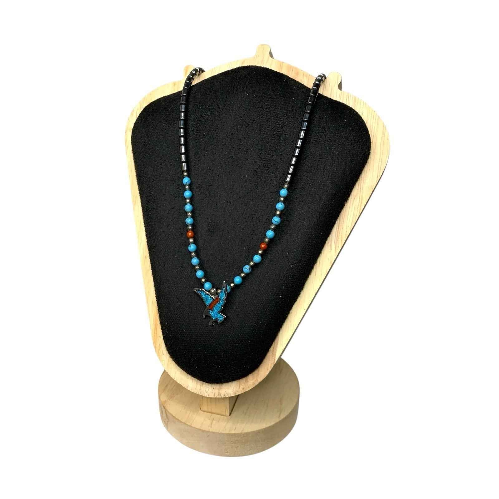 Vintage Eagle Pendant Necklace Coral & Turquoise Inlay Silver Tone