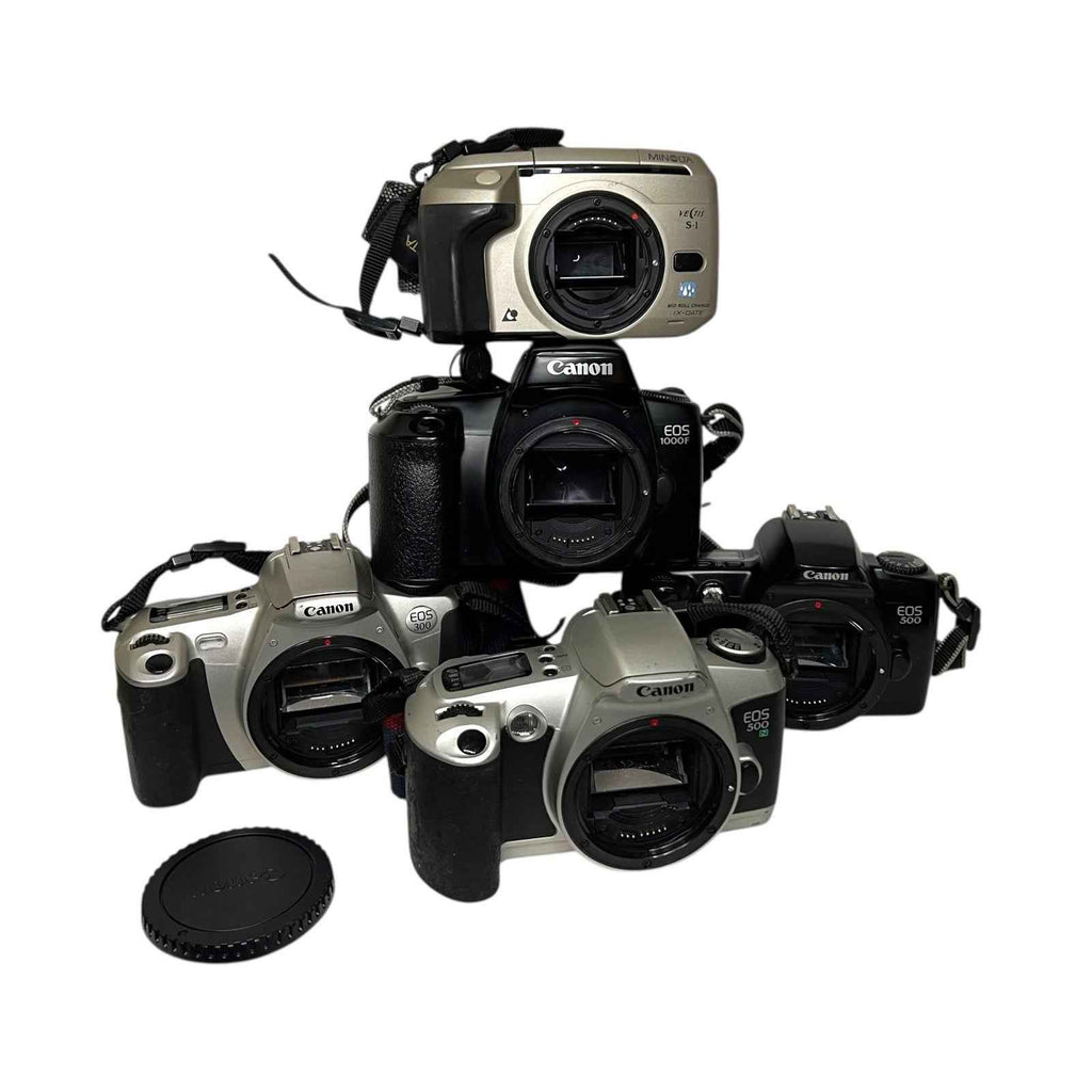 Vintage Bundle of 5 35mm SL R Cameras Canon EOS 300 500 1000F Minolta Vectis S-1