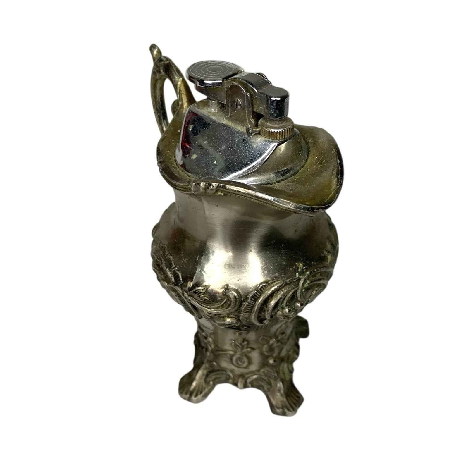 Vintage Japan Pewter Style Table Lighter Vase Pitcher Vine Detail 1960s 70