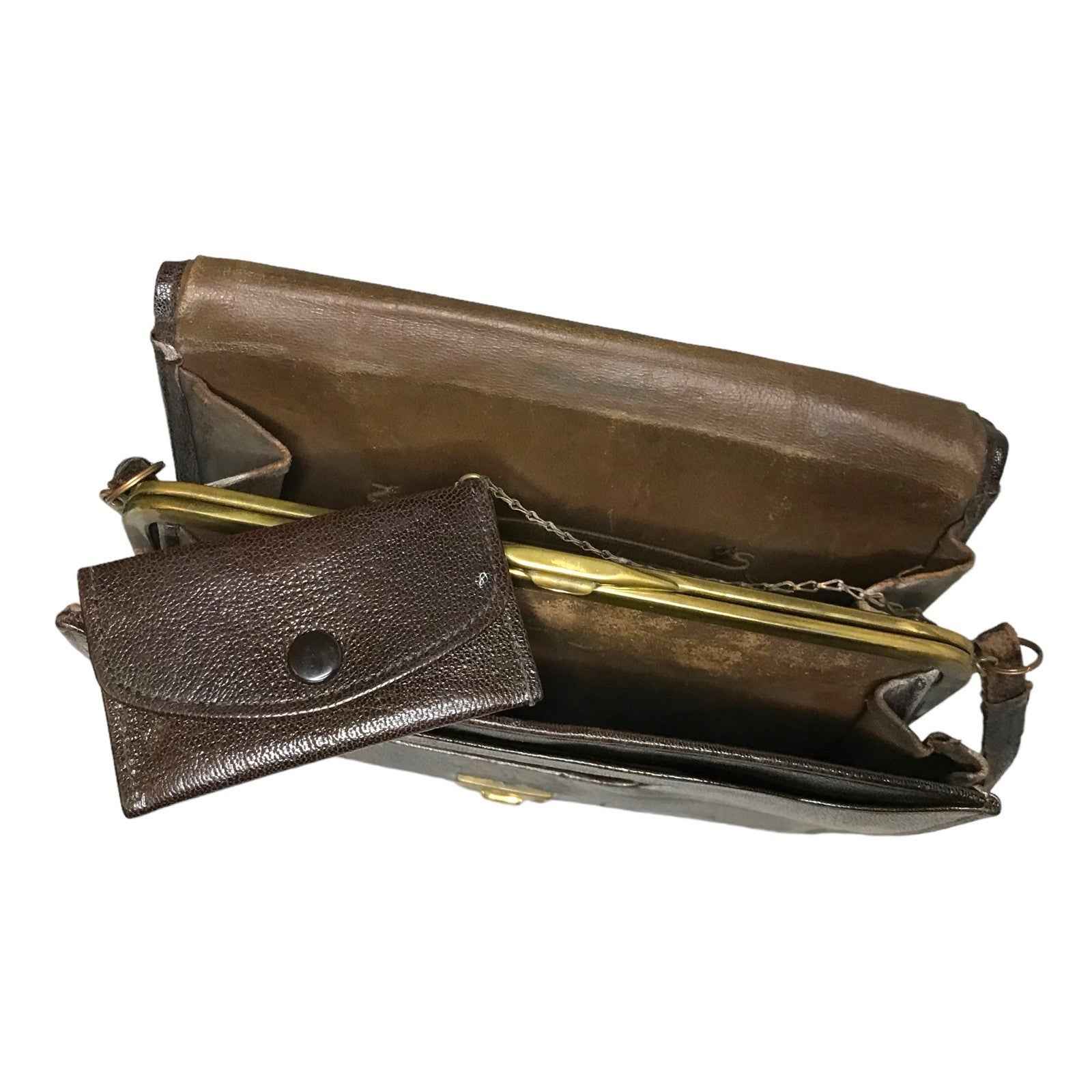 Vintage 1950s Brown Leather Shoulder Bag Brass Frame Purse Compartment