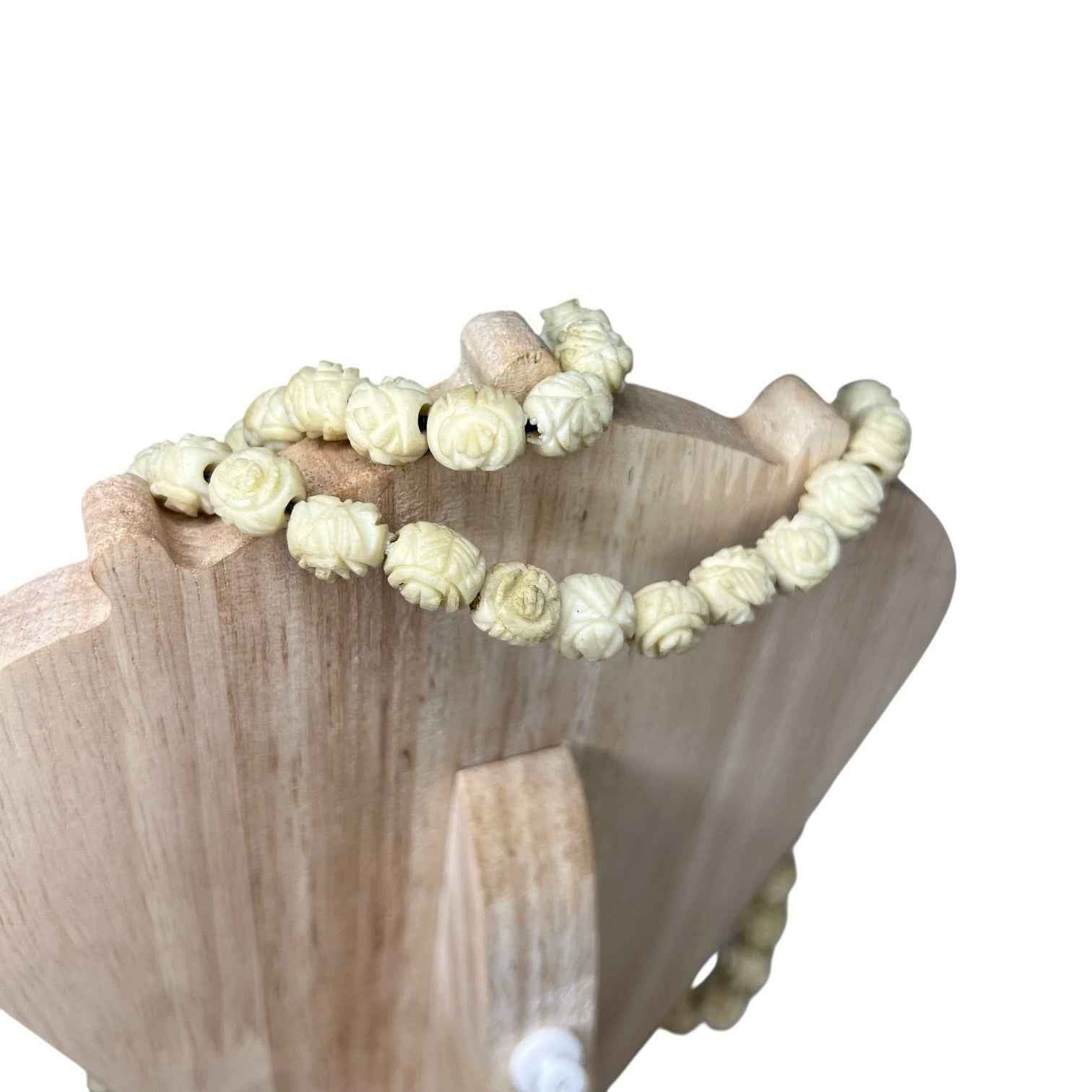 Vintage Floral Carved Bovine Bone Necklace Long Flower Bead Ethnic