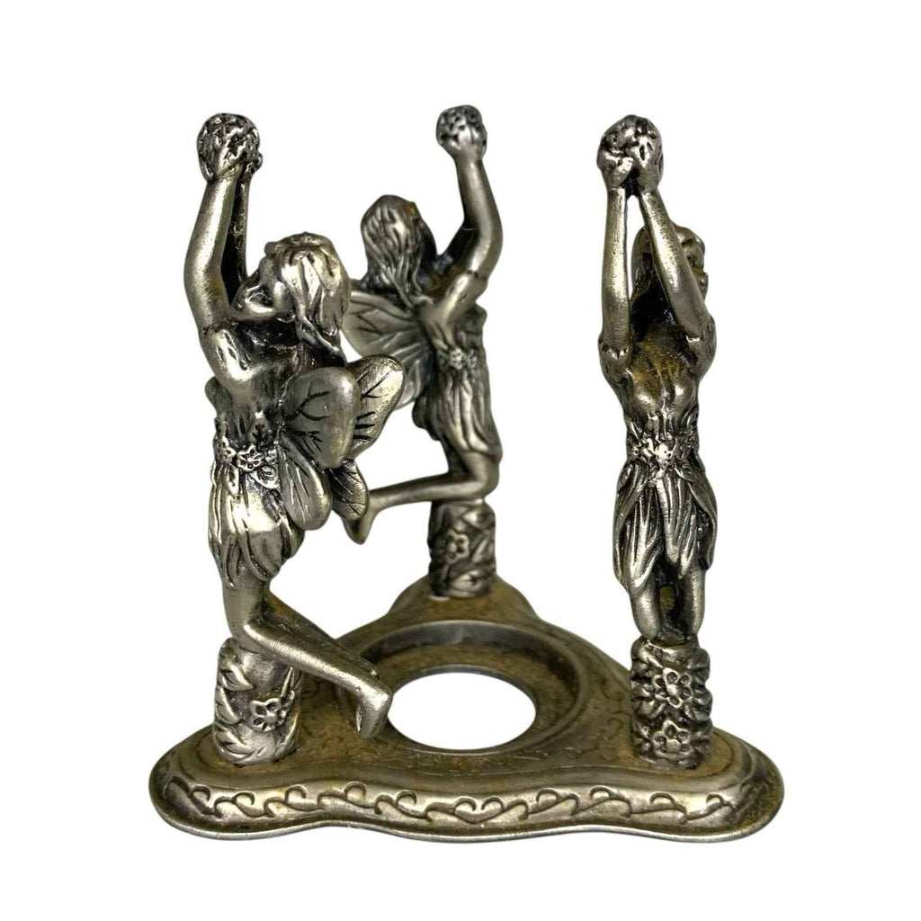 Three Fairies Pewter Tea Light Candle Holder Heavy Fantasy Floral Decor