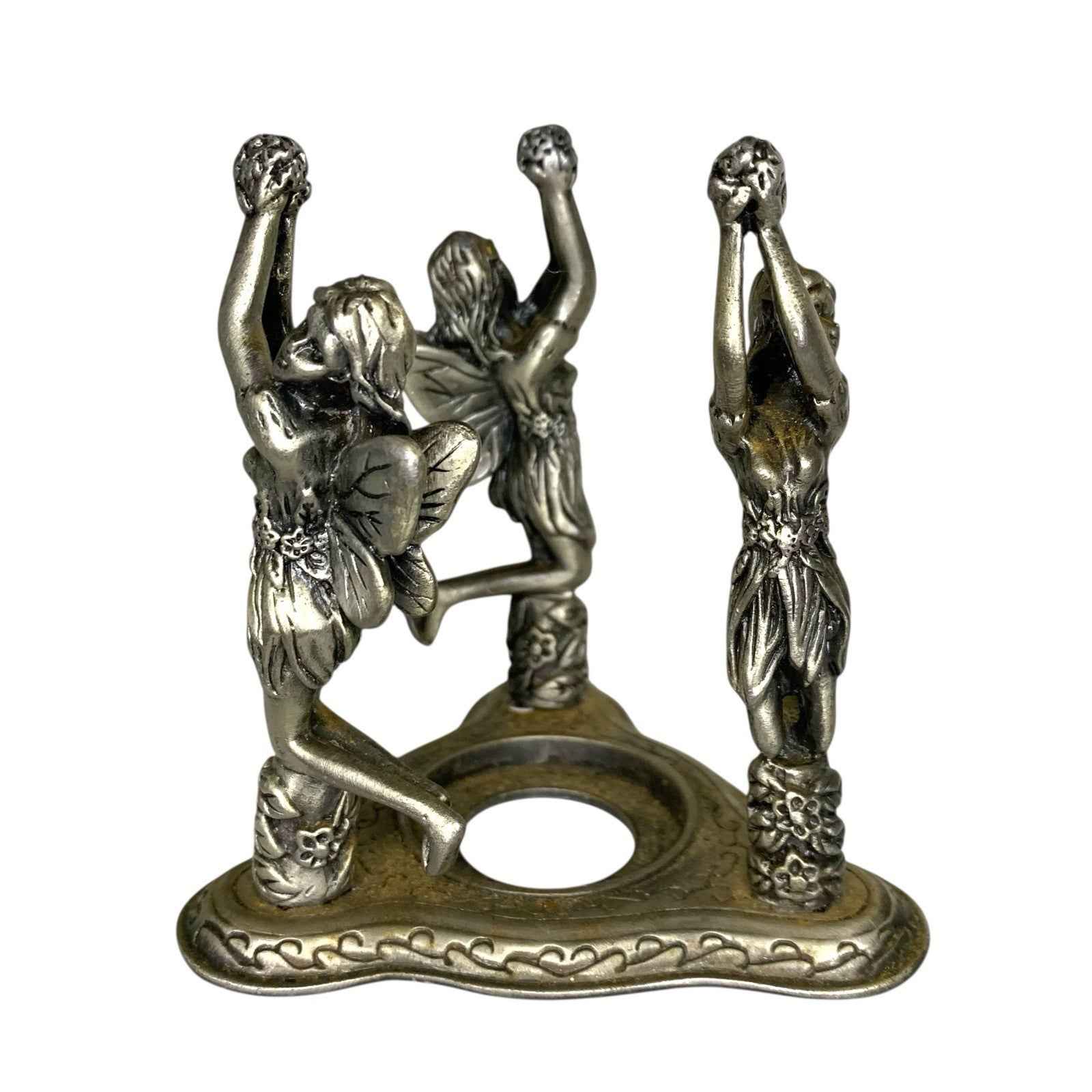 Three Fairies Pewter Tea Light Candle Holder Heavy Fantasy Floral Decor