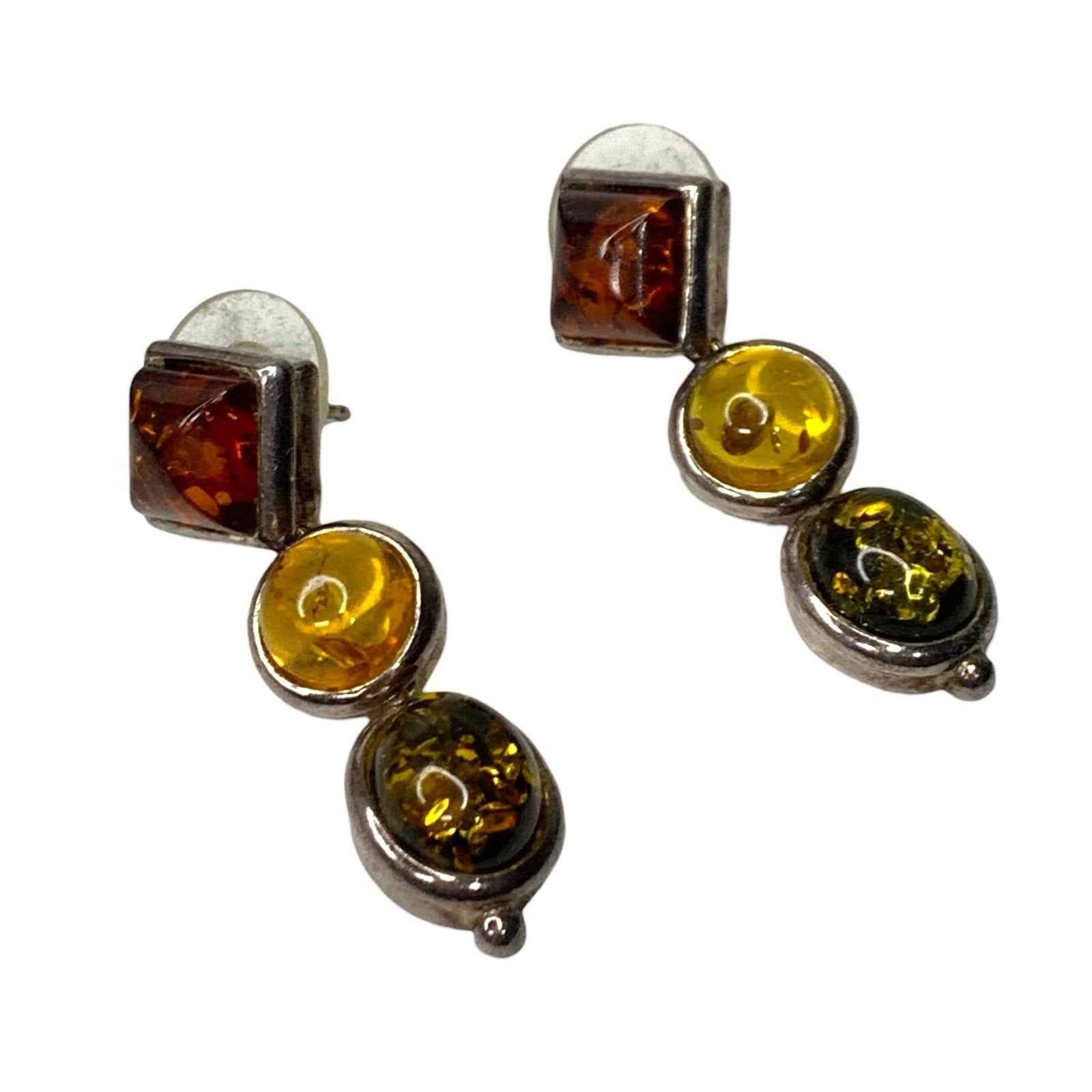 Vintage Sterling Silver Baltic Amber Earrings Tri Colour Drop Green Honey Cognac