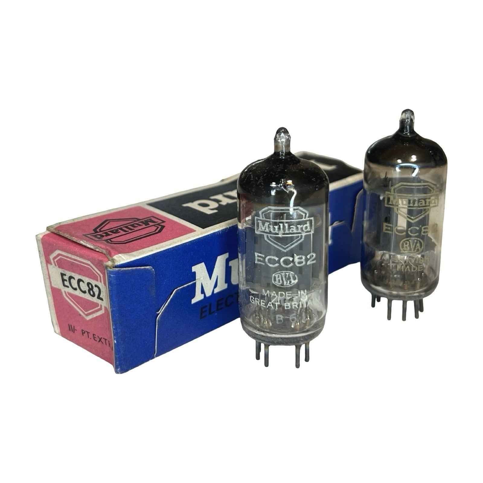 Vintage 2x Mullard ECC82 Valve Tubes White & Yellow Print One Boxed