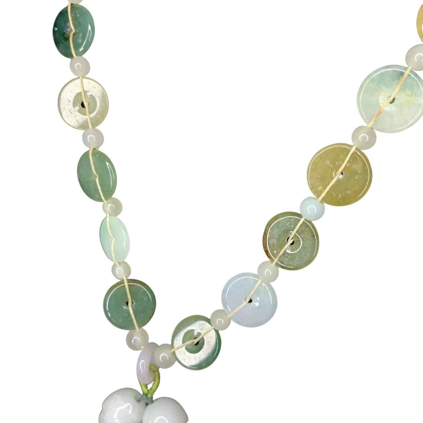 Vintage Handmade Light Green Glass Bead Necklace Round & Floral Beads Jade Style